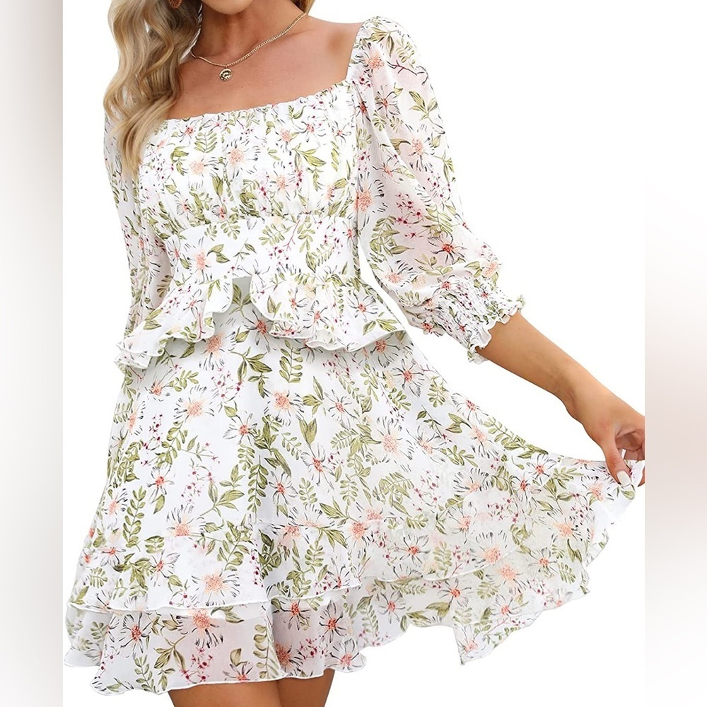EXLURA Womens Floral Ruffle Sun Dress Sundress Tiered Square Neck Long Sleeve M. - Picture 3 of 10